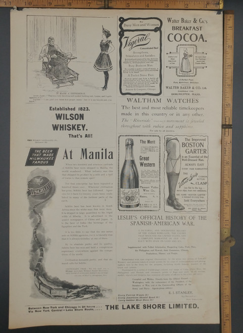 Antique ads : Schlitz the Beer that made Milwaukee famous at Manila, Boston Garter, Wilson Whiskey, Walter Baker Cocoa and Great Western Wine. The Naval Blue Hill Box Kite. Original Antique print from 1899.