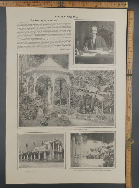 The first mayor of Havana. The luxuriant  tropical garden of mayor La Costa's home at Cerro. Exterior of the palatial home of mayor Lacosta. Original Antique print from 1899.