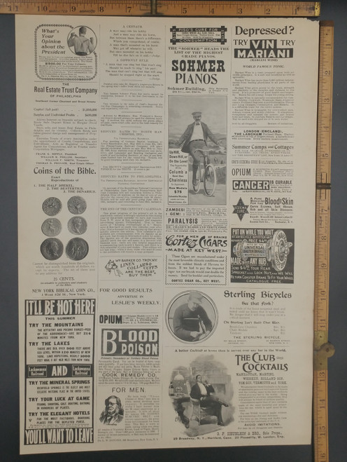 Antique ads : Sterling Bicycles, Columbia Bevel-gear Chainless Bicycle, Opium and Cancer cure and Vin Mariani Wine. Original Antique print from 1897.