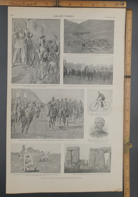 The druid temples of Stonehenge. Mathieu Cordang, the Dutch Cyclist.  A caravan in the Khyber Pass. Emperor Wilhelm and the German army at Wurzburg. Original Antique print from 1897.