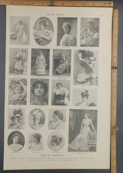 Stars of stage actress at the principle metropolitan theater: Grace kimball, Sadie Martinot, Effie Shannon, Marguerite Sylva, Della Fox, Marie Bates, Crissie Carlyle, Maud Adams, Julia Arthur and May Irwin. Original Antique print from 1897.