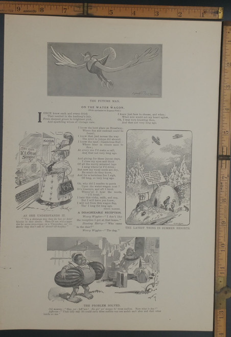 The Future Man, flying man. The problem solved, a Mammy cartoon(racial caricature of African American women.). Original Antique print from 1897.