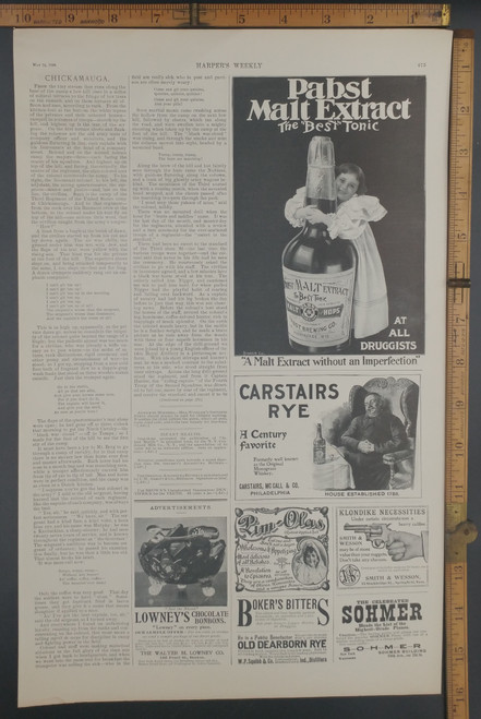 Antique ad for: Pabst Malt Extract, Carstairs Rye and Klondike Necessities Smith & Wesson. Original Antique print from 1898.