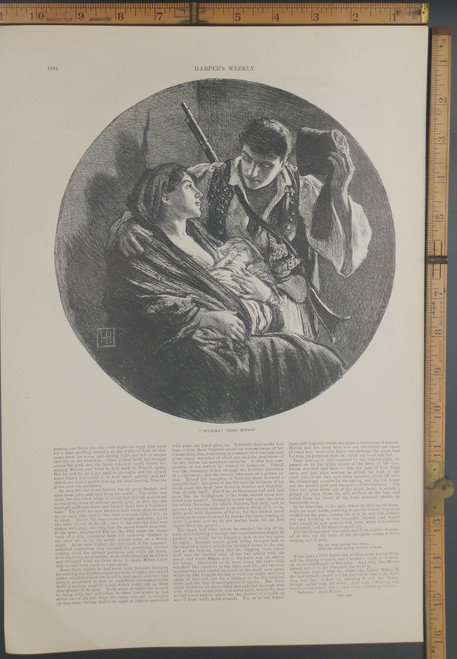 Suleima! cried Mitsos, art from The Vintage  A Romance of the Greek War of Independence.  Author: Edward Frederic Benson  Illustrator: George Percy Jacomb-Hood. Man, Woman and baby. Original Antique print from 1898.