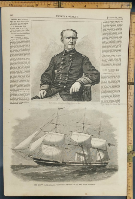 Rear admiral Henry H Bell Commander of the United States naval forces In the East Indies. U.S Steamer Hartford. Original Engraving 1865.