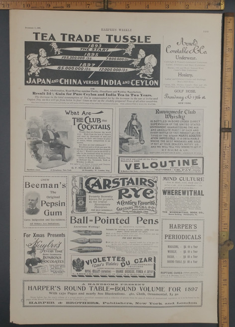 Antique advertisement for: Beeman's Pepsin Gum, Runnymede Club Whiskey, Carstairs Rye, Czar's Violets and Ball Pointed Pens. Tea Trade Tussle 1893, 1895 and 1897. Original Antique print from 1899.