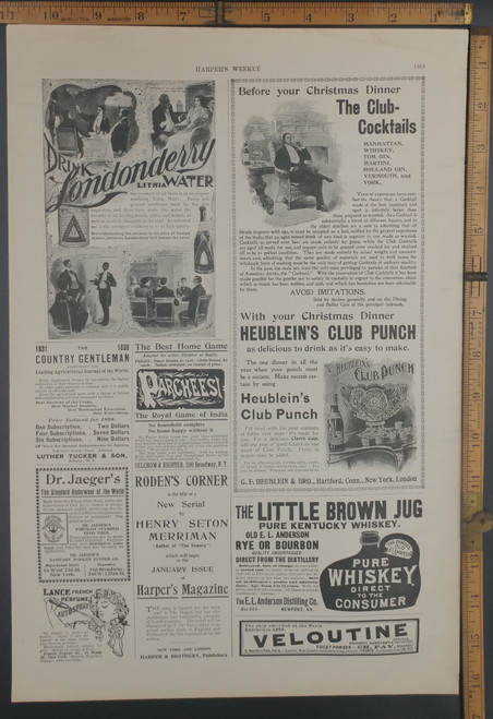  Antique advertisement for: Londonderry Lithia Water, Heublein's club punch, Pure Kentucky Whiskey and Parcheesi. Original Antique print from 1897.