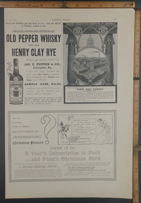 Antique advertisement for: Old Pepper Whiskey and Old Henry Clay Rye. Pabst Malt Extract. Original Antique print from 1897.