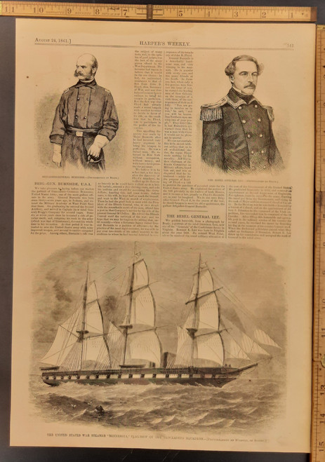 The rebel general Robert E Lee and Brigadier General Burnside. United States war steamer Minnesota. Original Antique Civil War engraving print from 1861.