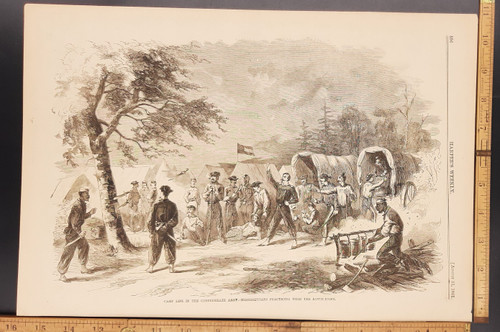 Camp life in the confederate army, Mississippians practicing throwing the Bowie knife. Original Antique Civil War engraving print from 1861.