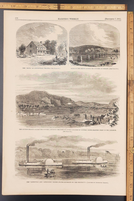 The Conestoga and Lexington, U.S. gunboats on the Mississippi River. Loudon heights across the Potomac opposite General Banks, Harpers Ferry in the distance. Hotel at Centerville, Virginia. Original Antique Civil War engraving print from 1861.