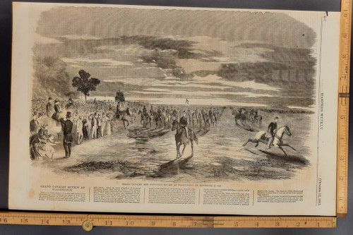 Grand cavalry and artillery review at Washington on September 24th 1861. Original Antique Civil War engraving print from 1861.