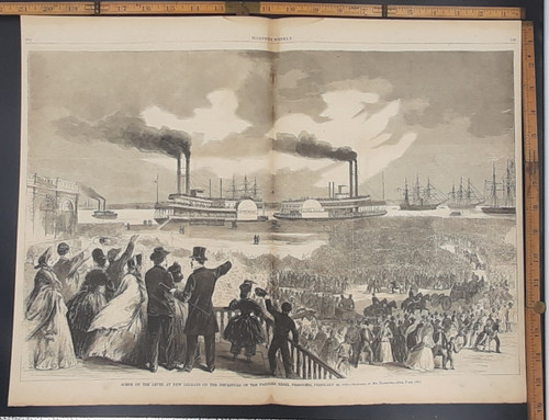 Scene on the Levee at New Orleans on the departure of the paroled Rebel prisoners. Original Antique Civil War engraving print from 1863.