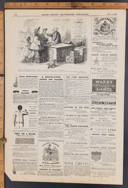 The cost of travel on the Steam Liverpool and Great Eastern, a woman selling her baby. Antique Ads: Grover & Baker's Sewing Machine, Union League Badge, Dock Syrup and American Lever Watches. Original Antique Civil War engraving print from 1863.