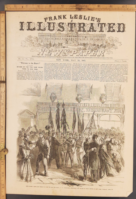 The soldiers rest, the friends of the 7th and 8th regiments New York volunteers welcoming the return of their heroes to New York Tuesday April 28th. Original Antique Civil War engraving print from 1863.
