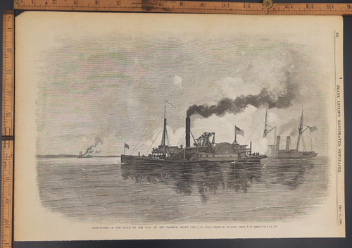 Destruction of the Queen of the West by the Calhoun, Grand Lake Louisiana. Grand Lake LA. Original Antique engraving print from 1863.