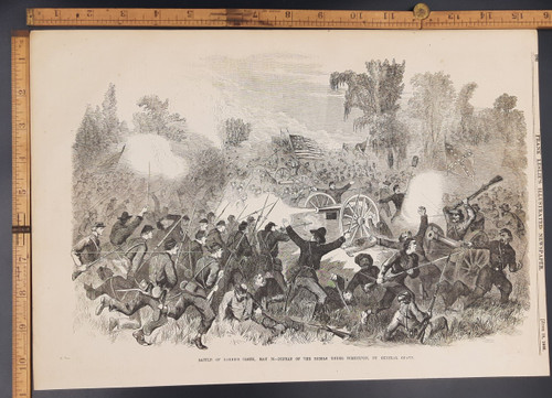 Battle of Baker's Creek, defeat of the Rebels under Pemberton by Major General Ulysses S Grant. Original Antique engraving print from 1863.