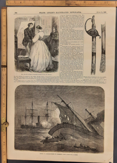 Sinking of a blockade runner off Charleston. Elegant sword presented to Colonel W.F Clarke manufactured by Tom's son and Melvain. Original Antique engraving print from 1863.