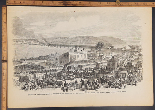 Invasion of Pennsylvania. Action at Wrightsville and destruction of the Columbia railroad bridge Original Antique engraving print from 1863.