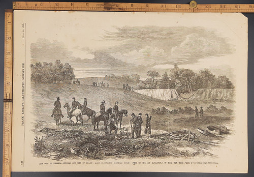 The war in Virginia- officers and men of Meades army discovering unburied Union dead on the old battlefield of Bull Run. Skeletons of horses and men. Original Antique Civil War engraving print from 1863.