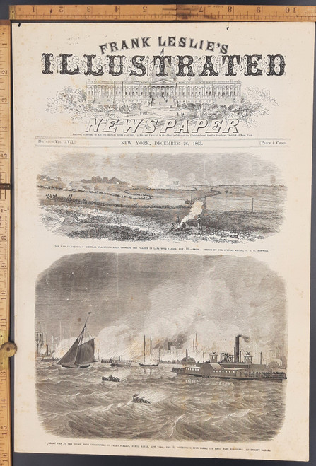 Great fire at the docks from Christopher to Ferry streets North River NY on December 9th 1863. General Franklin's army crossing the Prairie in Lafayette Parish. Original Antique Civil War engraving print from 1863.