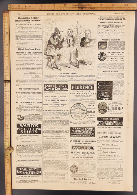 Ads: The Weed Sewing Machine, Dr. Wadsworth, Bay Rum Soap and Florence Sewing Machine. Political Cartoon: An escaped criminal(Jones and Smirkins). Original Antique Civil War engraving print from 1867.