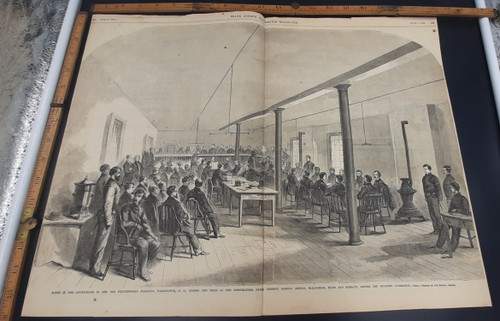 Courtroom in the old penitentiary building, Washington DC during the trial of the conspirators(Murder of Abraham Lincoln), Payne, Atzerodt, Harold, Arnold, McLaughlin, Mudd and Surratt. Original Antique double page engraving, print from 1865.