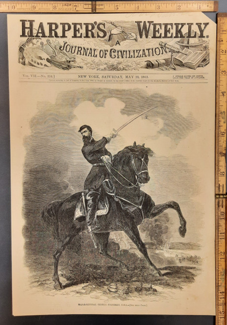 Major General George Stoneman riding on a horse. Original Antique Civil War engraving, print from 1863.