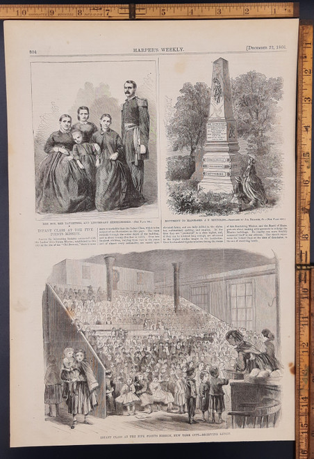 Infant class at the Five Point Mission, New York City receiving lunch. Monument to Major General J. F. Reynolds. Mrs. Box, her daughters and Lieutenant Herselberser. Original Antique engraving, print from 1866.