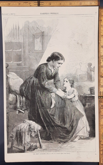 The Empty Stocking as drawn by W.S.L. Jewett. A mother helping her barefoot daughter. Original Antique engraving, print from 1867.