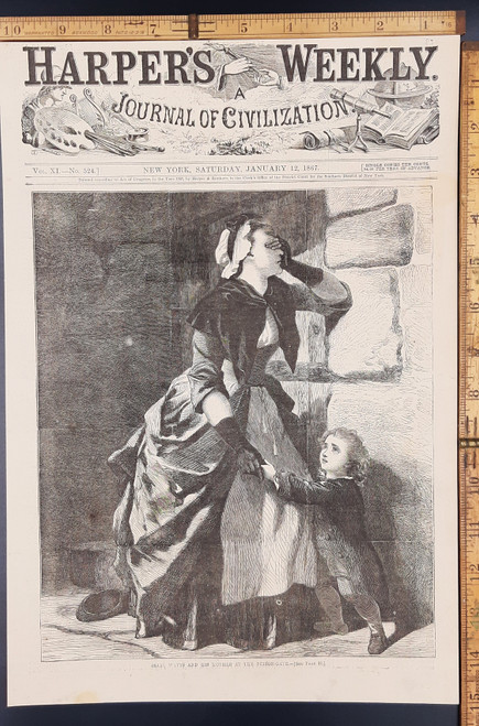 Isaac Watts and his mother at the prison gate. Christian hymn writer. Original Antique engraving, print from 1867.
