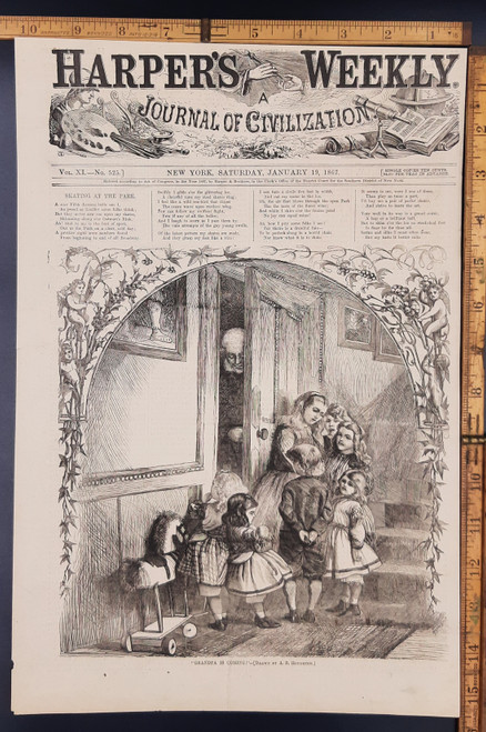 Grandpa is coming as drawn by A. B. Houghton. Little boys and girls and a toy horse. Original Antique engraving, print from 1867.