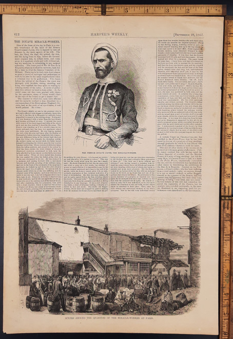 The French Zouave Jacob, the miracle worker. Scenes around the quarters of the miracle worker at Paris. Original Antique engraving, print from 1867.