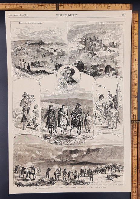 End of the Nez Perces War, surrender of Chief Joseph. George A Huston the guide. Indian stronghold in the ravines.. Original Antique print from 1877.