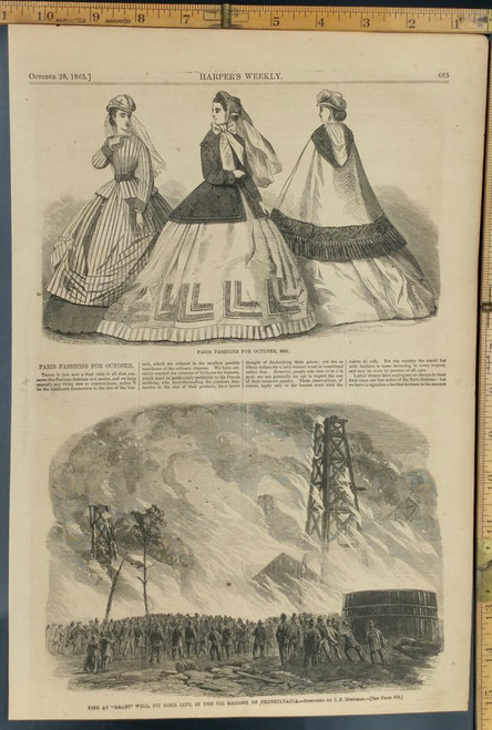 Fire at Grant Well Pit Hole city in the oil regions of Pennsylvania. Women's fashion in Paris October 1865. Original Engraving 1865.