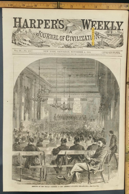 Meeting of the Fenian Congress in the assembly building Philadelphia. Original Engraving 1865.