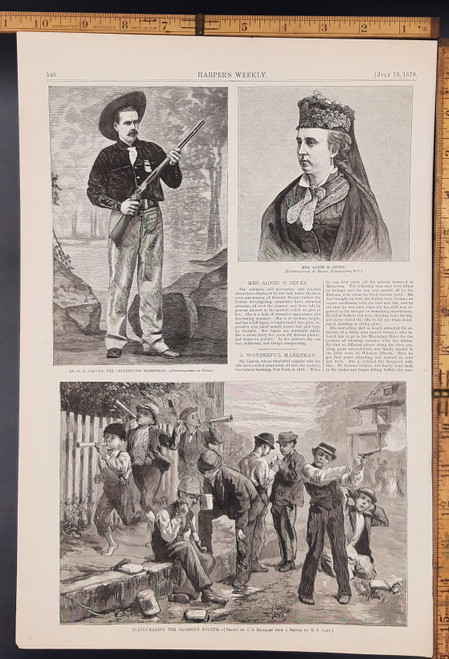 Inaugurating the glorious 4th, boys shooting guns into the air to celebrate the 4th of July. Doctor W. F Carver, the celebrated marksman. Mrs Agnes D. Jenks. Original Antique wood cut engraving, print from 1878.