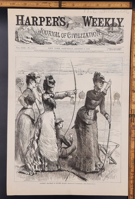 Archery practice on Staten Island, drawn by C.S. Reinhardt. Well dressed women practicing archery using a Longbow. Original Antique wood cut engraving, print from 1878.