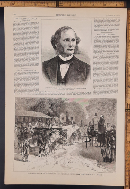 Minnesota State Fair, at St. Paul, drawn by W.A. Rogers. President Hayes at the northwestern Fair viewing prize cattle. Reverend Samuel L Caldwell., President of Vassar College. Original Antique wood cut engraving, print from 1878.