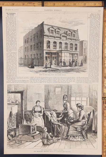 Two excellent missions as drawn by C.A. kettles. House of the Bible, fruit and flower mission. Ladies visiting the sick. Article on the fisherman of Bermeo. Original Antique wood cut engraving, print from 1879.