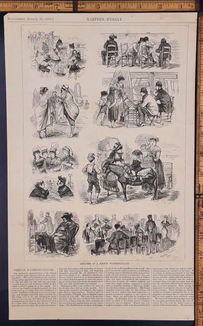 Sketches at a French watering place. A child riding a donkey. Swimming at the ocean in Victorian times. Original Antique wood cut engraving, print from 1879.