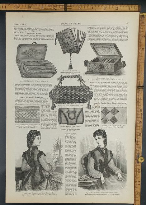 Front and back view of a young lady in a cashmere sleeveless jacket. An embroidered card press and ribbon and cane knitting work case. Original Antique wood cut engraving, print from 1872.