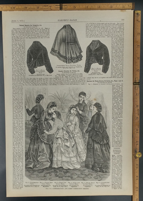Women and teens in confirmation and first communion dresses. Black Poult De Soie Dress. Directions for crochet rosette for tidies. Original Antique woodcut engraving, print from 1872.