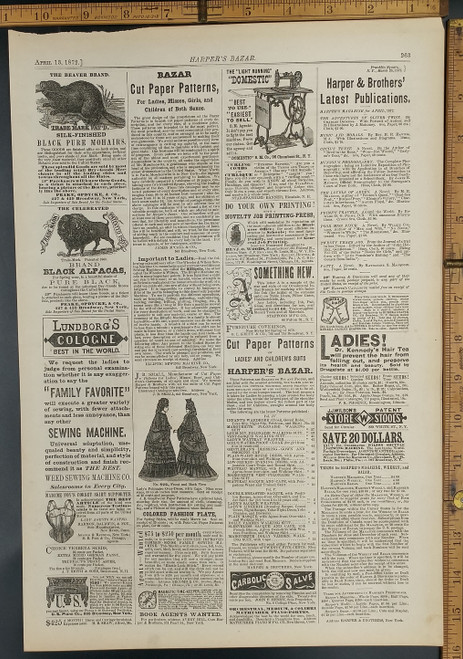 Antique ads: The Beaver Brand Silk finished black pure mohars, Lundborg's cologne, weed sewing machine and Madame Foy's corset skirt. Original Antique woodcut engraving, print from 1872.