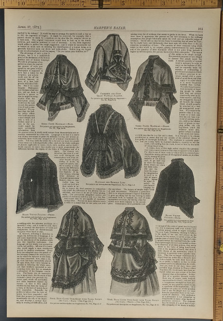 Mantelet for an elderly lady. Black velvet paletot. Serge cloth mantelet. Women's fashion. Original Antique woodcut engraving, print from 1872.