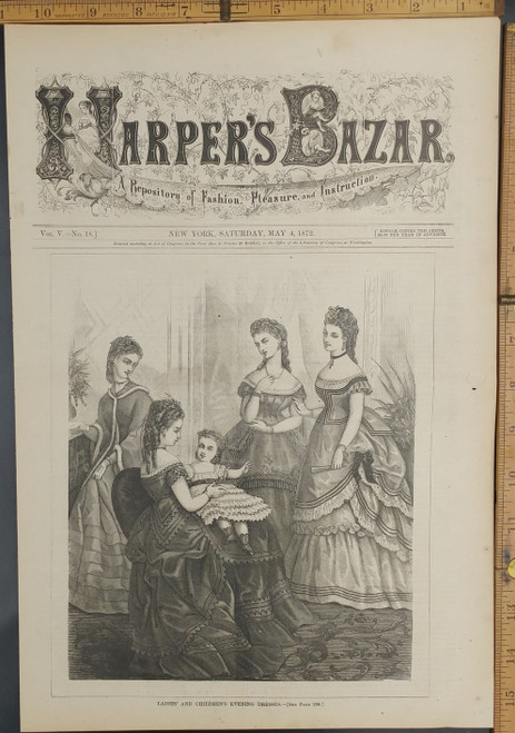 Ladies' and children evening dresses. Original Antique woodcut engraving, print from 1872.