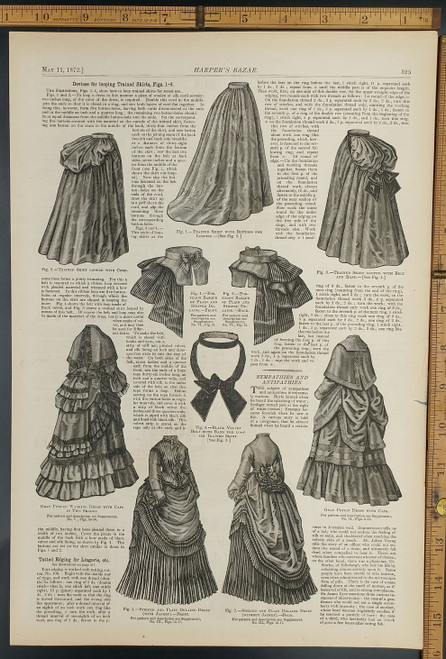 Devices for looping trained skirts. Poplin dress with Cape. Striped and plain Delaine dress with jacket. Original Antique woodcut engraving, print from 1872.
