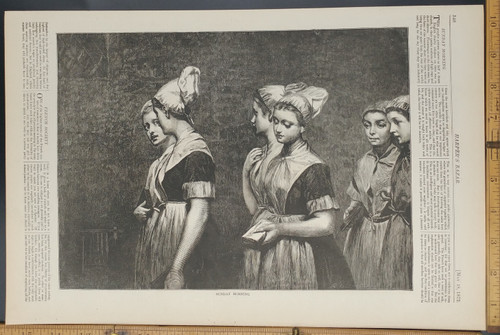 Lady English charity workers on their way to church. Woman on a Sunday morning. Original Antique woodcut engraving, print from 1872.