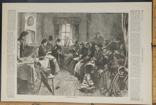 A mothers meeting by Tom Gray. A group of women meeting together to do some sewing, as a child plays with her doll. Original Antique woodcut engraving, print from 1872.