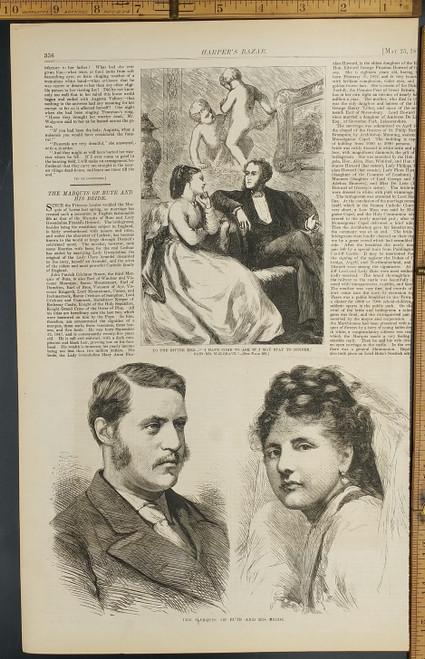 The Marquis of Bute, and his bride. John Crichton-Stuart and Gwendolen Fitzalan-Howard. Original Antique woodcut engraving, print from 1872.